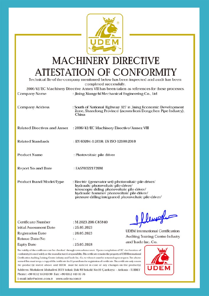 Photovoltaic pile driver CE certification